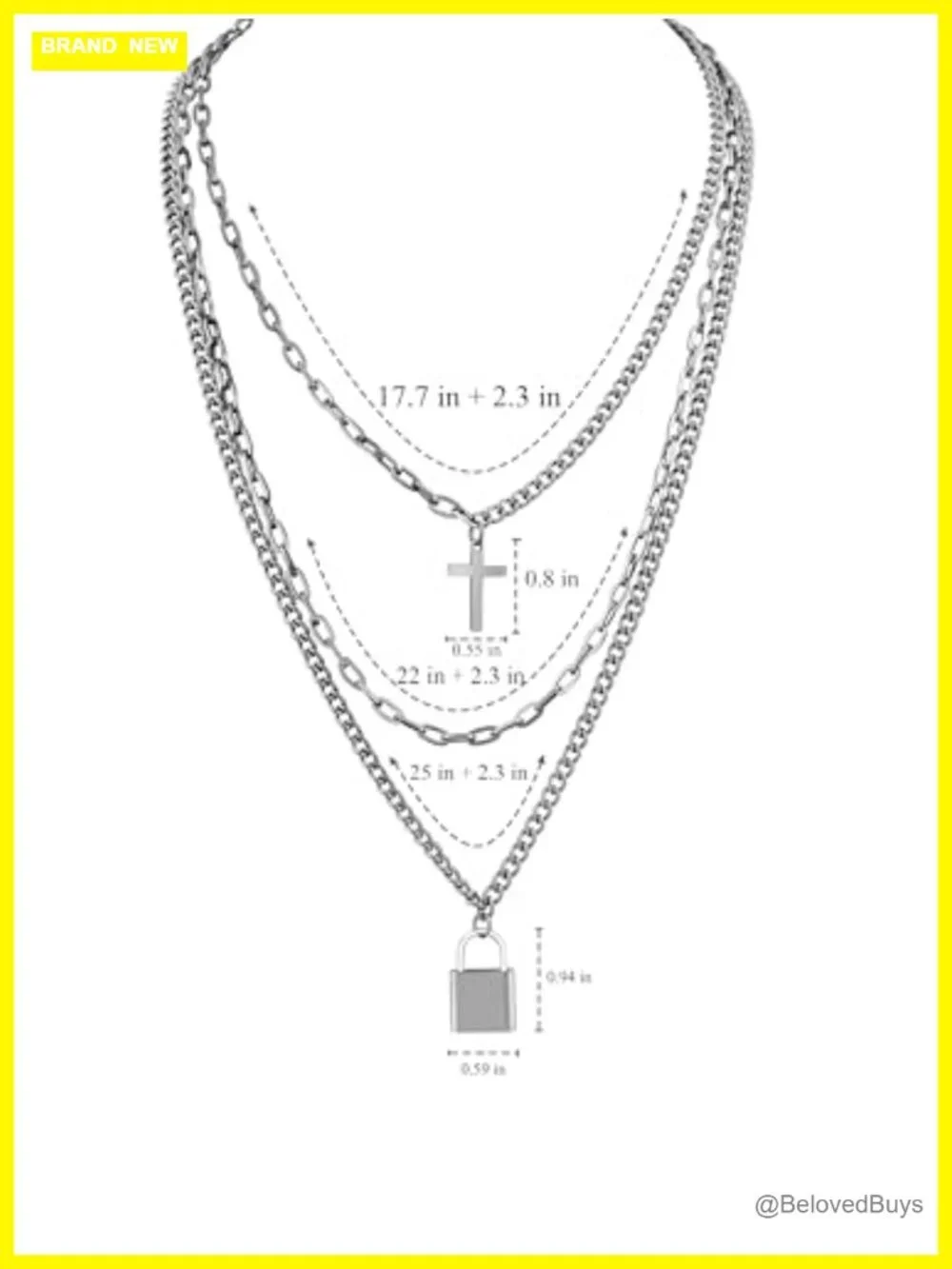 Layered Stainless Steel Cross Lock Pendant Necklace Gothic Punk
